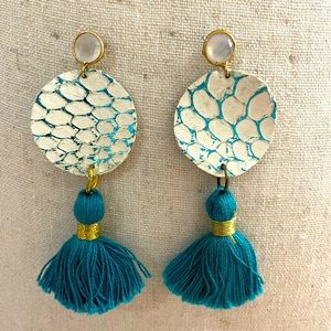 COPY - Handmade Painted leather pendant earrings with blue tassels